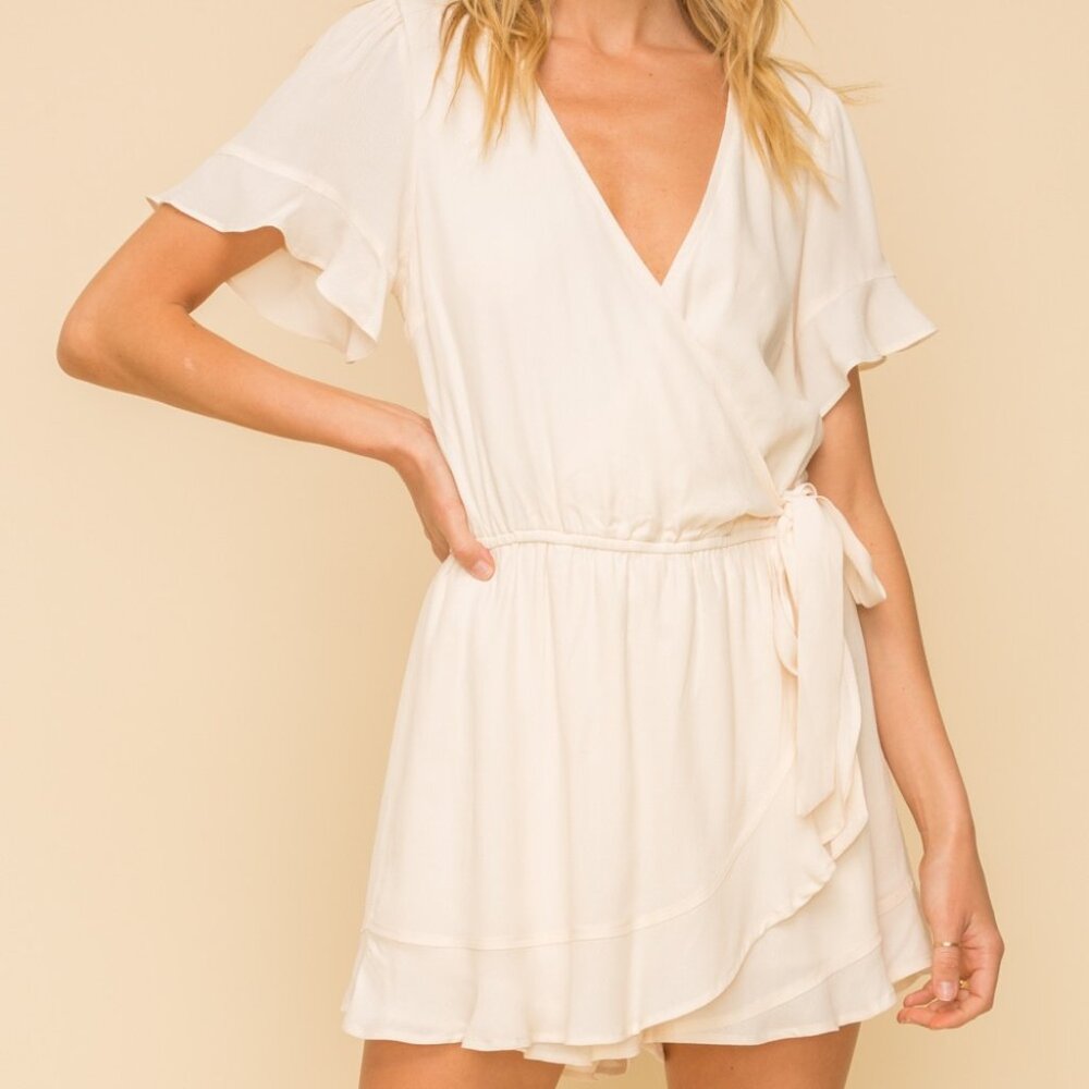HEM &THREAD Ivory Flutter Sleeve Wrap Romper | Ruffle Hem Tie Waist